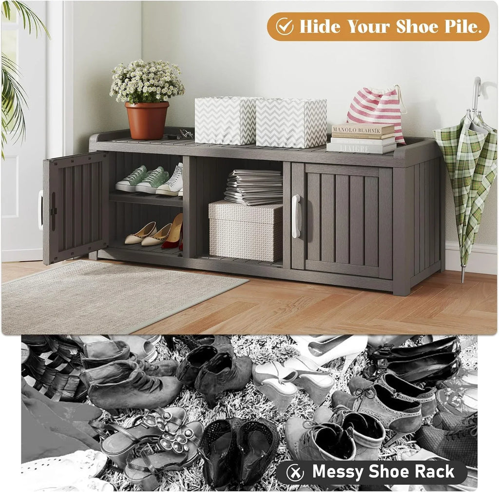 KAMABOKO Outdoor Shoe Storage Cabinet, Waterproof UV-Resistant Entryway Storage Bench Indoor Outdoor with 2 Barn Doors, Adjus