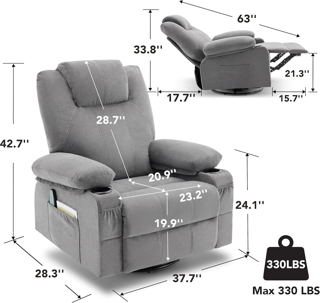 Oversized Swivel Rocker Recliner Chair with Heat and Massage, 360 Degree Swivel Rocking Single Sofa with Cup Holders and USB Port, Large Big Recliner Chair for Living Room (Leather, Brown) - image 31