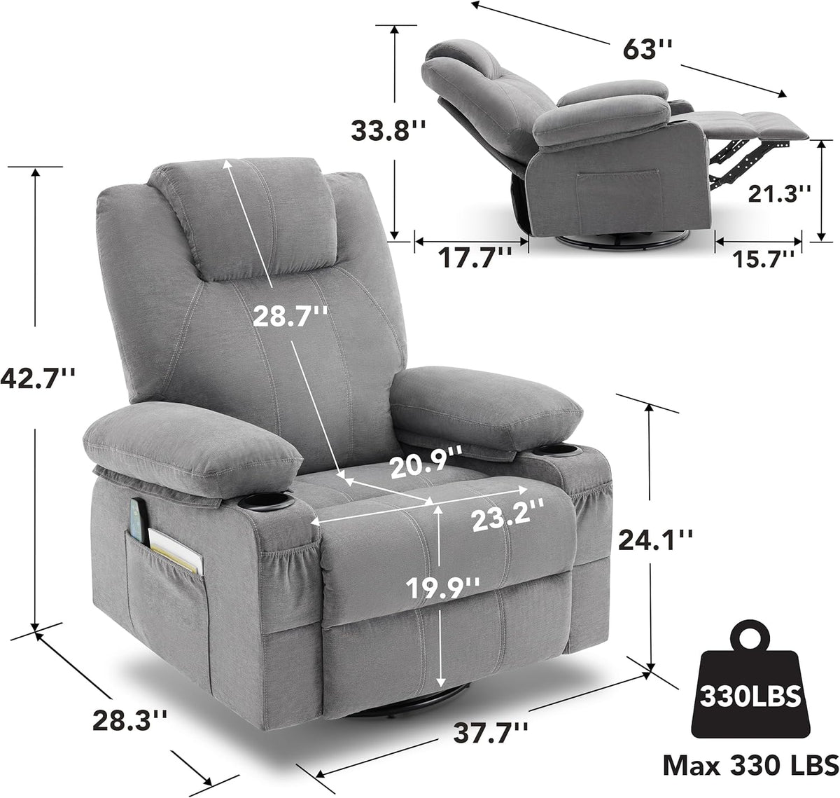 Oversized Swivel Rocker Recliner Chair with Heat and Massage, 360 Degree Swivel Rocking Single Sofa with Cup Holders and USB Port, Large Big Recliner Chair for Living Room (Leather, Brown) - image 31