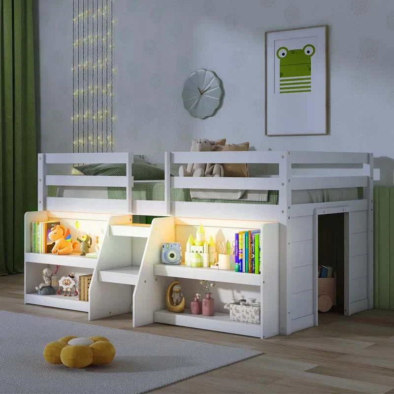 Kids Twin Size Loft Bed with LED Lights, Stairs & Safety Guardrail, Storage Bookcase and Under-bed Play Space - image 3