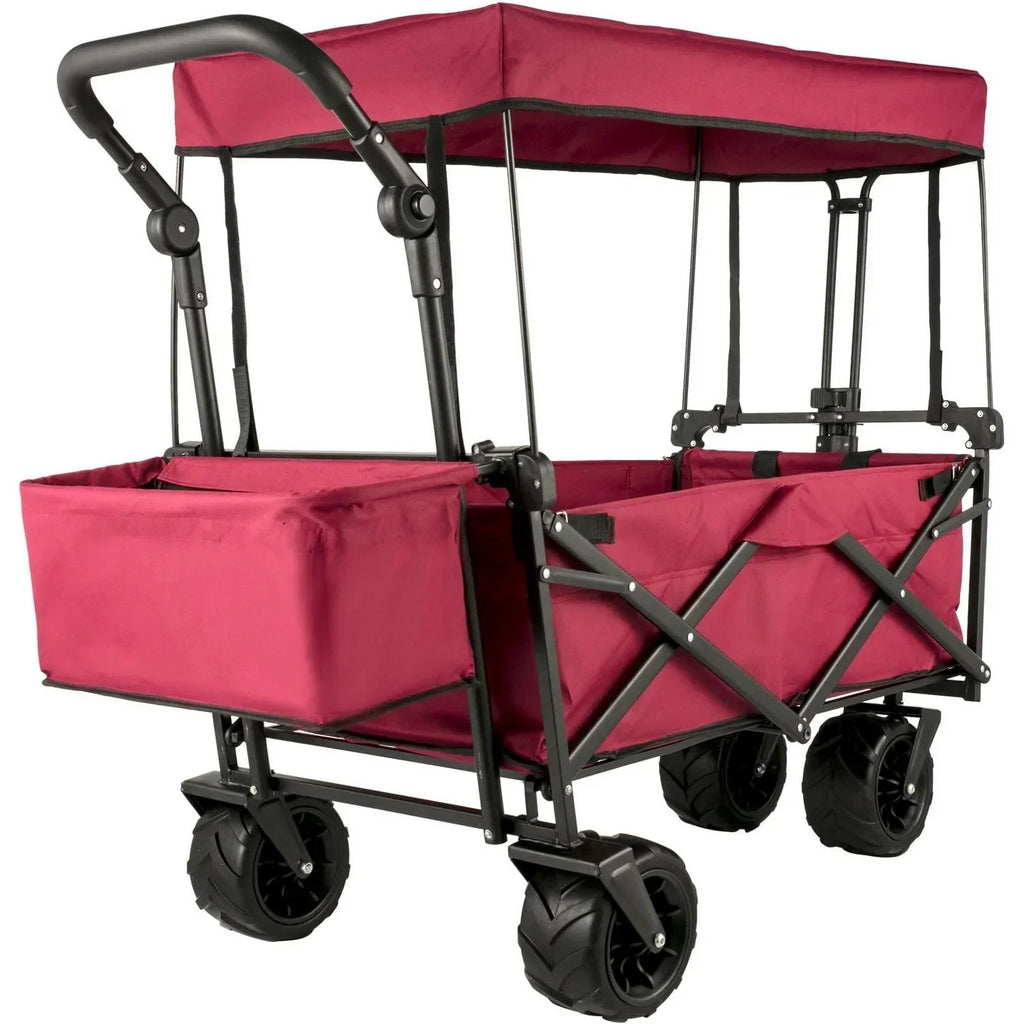 Red Collapsible Wagon Cart with Canopy, 360° Wheels, Adjustable Handles, 220 lbs Capacity for Beach & Garden