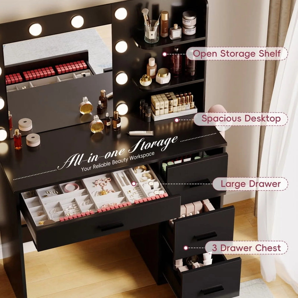 Lacoo Vanity Desk with Mirror and LED Lights, Makeup Vanity with 7 Drawers & 4 Shelves, Vanity Table with Power Outlet for Bedroom Dressing Room, White - image 29