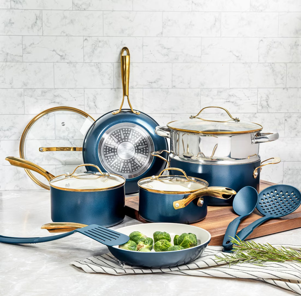 Gotham Steel 15 Pc Ceramic Cookware Set Nonstick, Ceramic Pots and Pans Set Non Stick with Steamer & Cooking Utensils, Non Toxic, Premium Stay Cool Handles, Oven & Dishwasher Safe, Blue - image 1