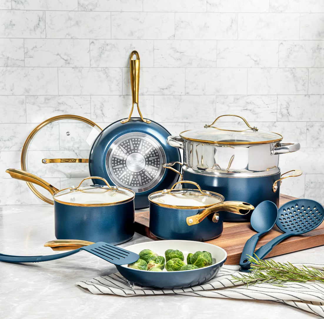 Gotham Steel 15 Pc Ceramic Cookware Set Nonstick, Ceramic Pots and Pans Set Non Stick with Steamer & Cooking Utensils, Non Toxic, Premium Stay Cool Handles, Oven & Dishwasher Safe, Blue - image 1
