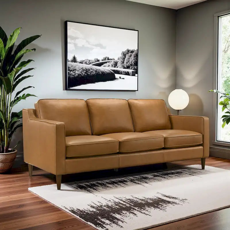 Cognac Tan Genuine Leather Mid-Century Modern Couches by Madeline - image 4