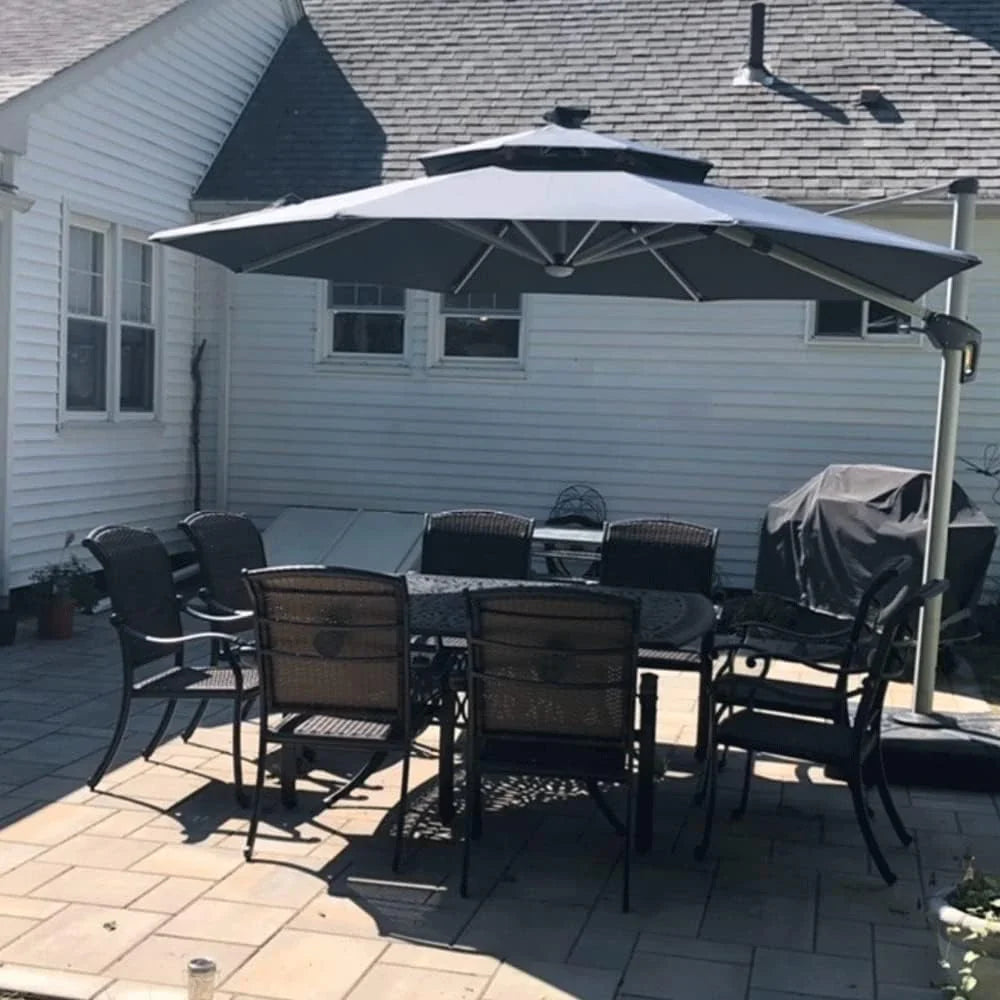 12ft Solar LED Patio Umbrella Outdoor Round Umbrella Large Cantilever Umbrella with LED Lights Windproof Bias Umbrella Heavy 