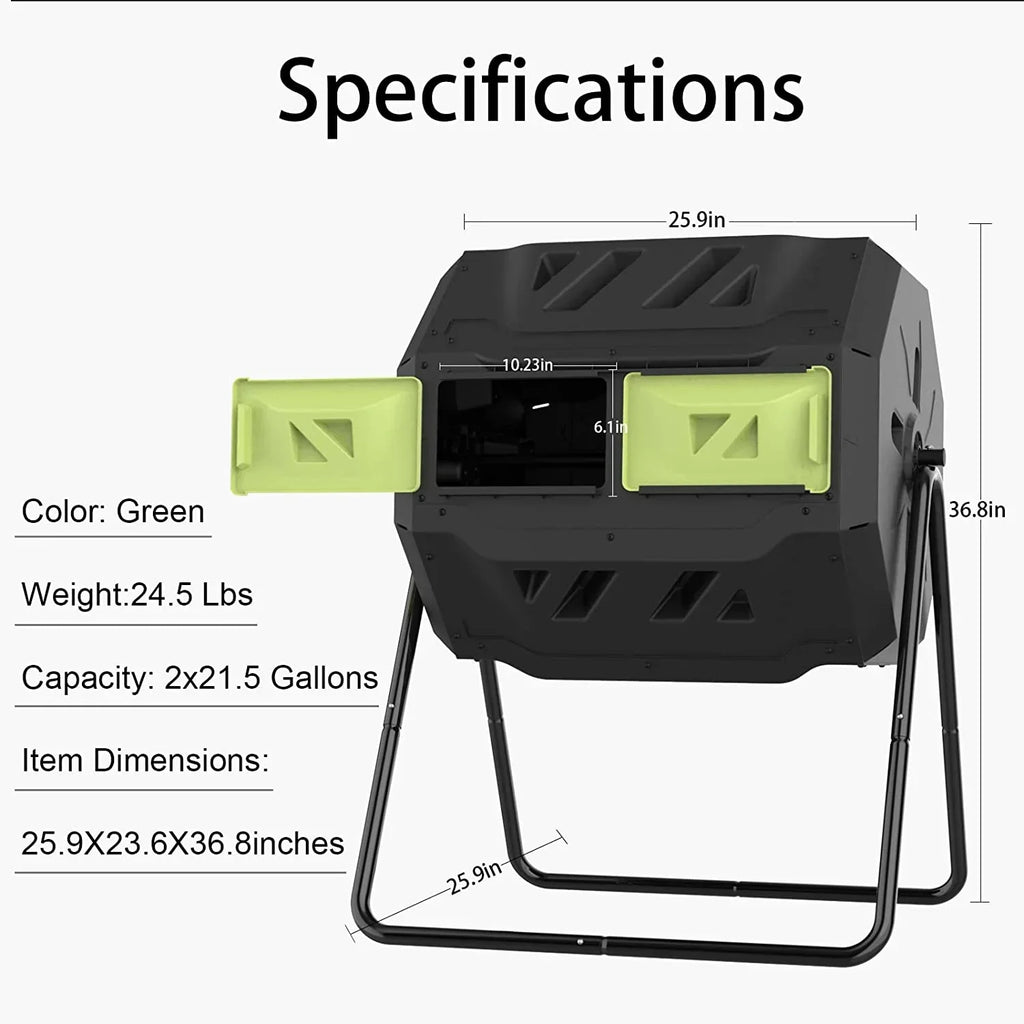 Large Compost Tumbler Bin Dual Compartment Better AirCirculation Efficient Compost BPA Free Sturdy Steel Frame 43Gallon (2 21