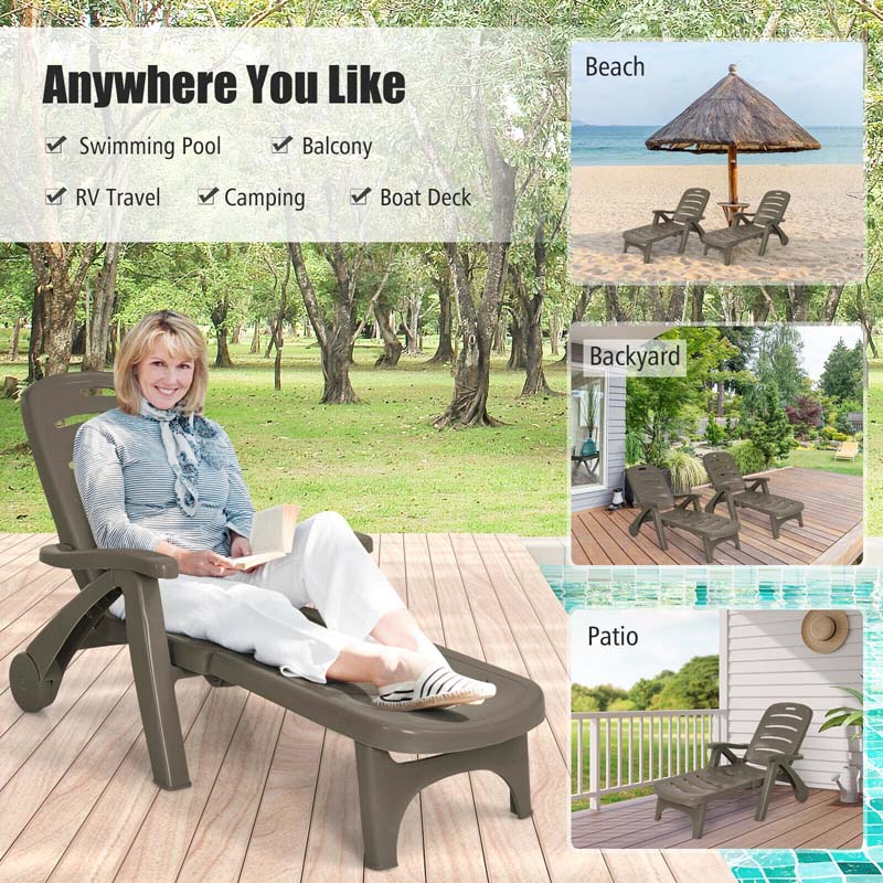 Rolling Folding Plastic Pool Lounge Chair With Armrests 5 Position Outdoor Sun Lounger Patio Deck Chair Beach Chair - Comfort