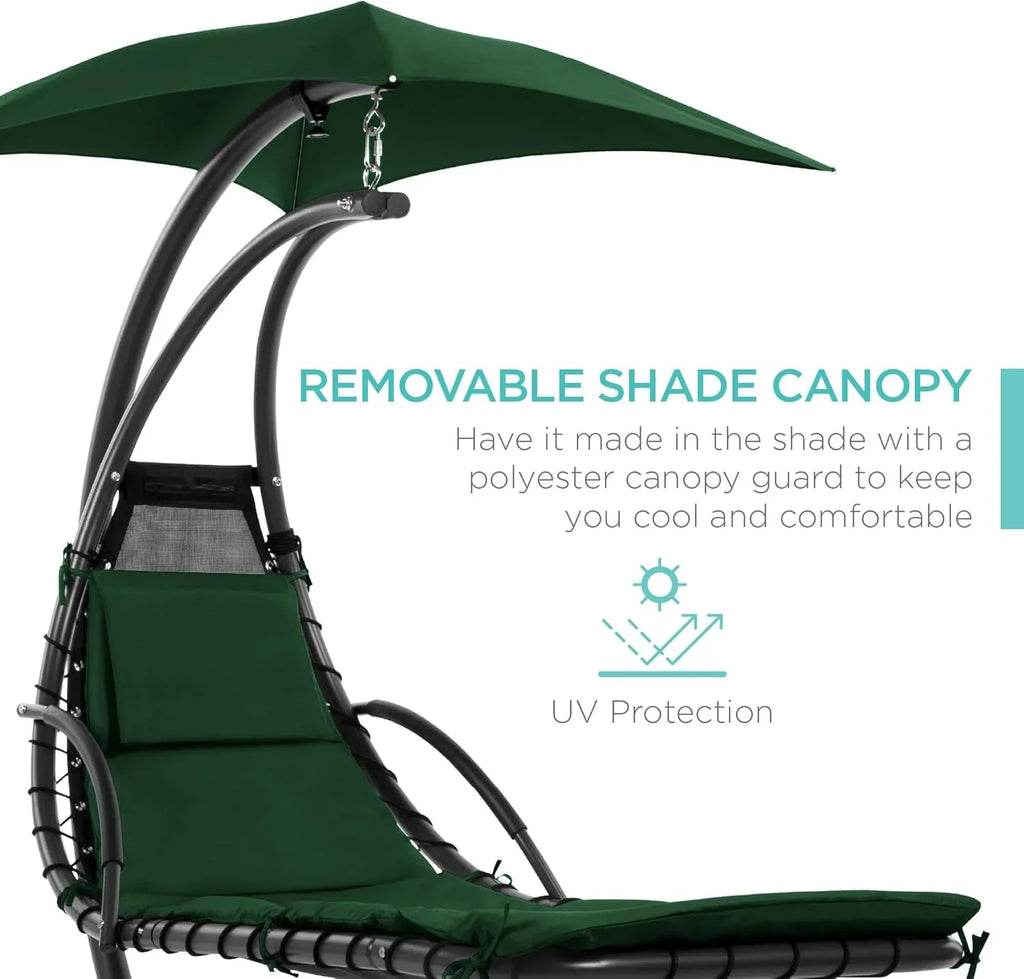 Best Choice Products Outdoor Hanging Curved Steel Chaise Lounge Chair Swing w/Built-in Pillow and Removable Canopy - Charcoal