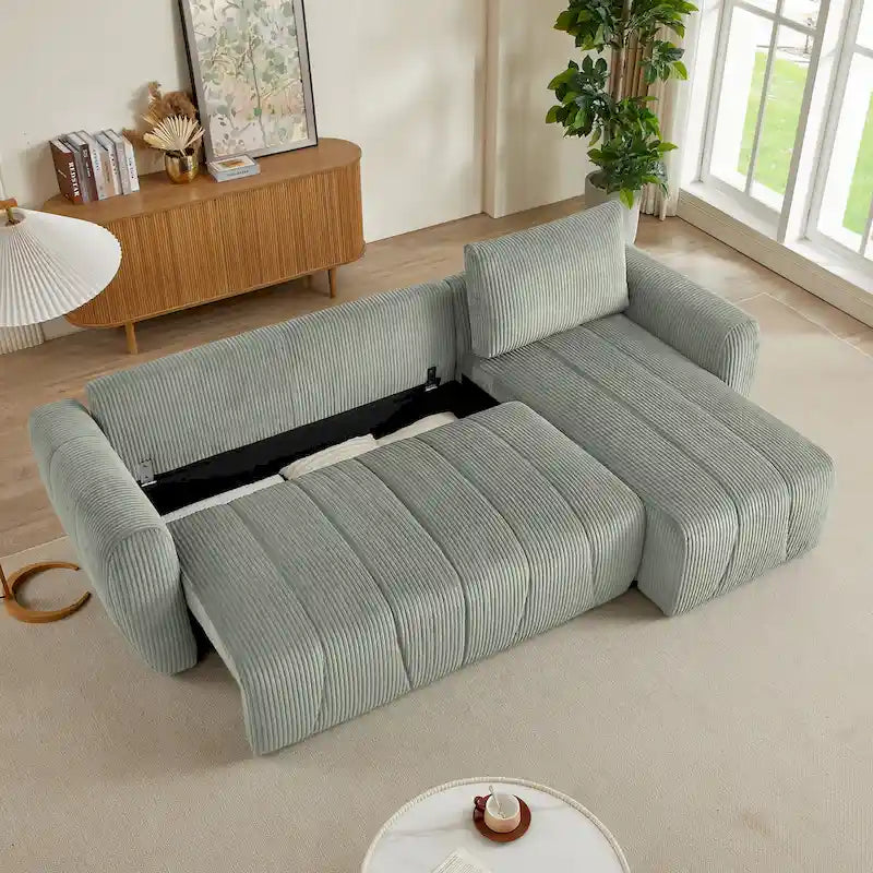 Grey 105.2" Corduroy L-Shaped Convertible Sleeper Sectional with Storage Compartment - image 3