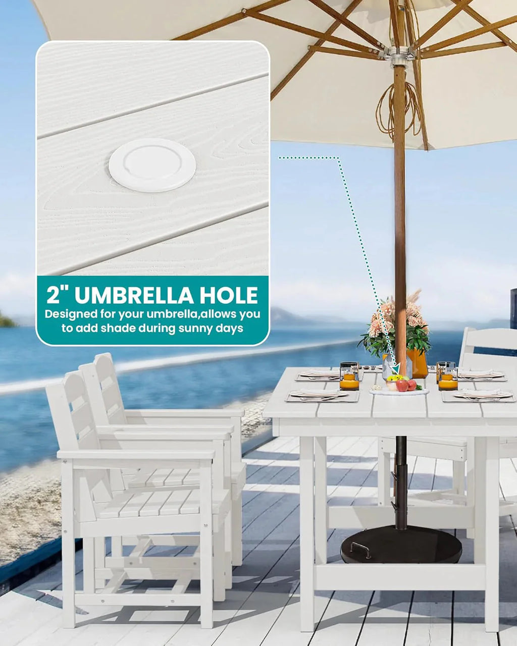 SERWALL 7-Piece Patio Table Set, Outdoor HDPE Dining Furniture with Umbrella Hole, All Weather Table and Chairs for Lawn, Garden, Poolside, Aruba - image 95