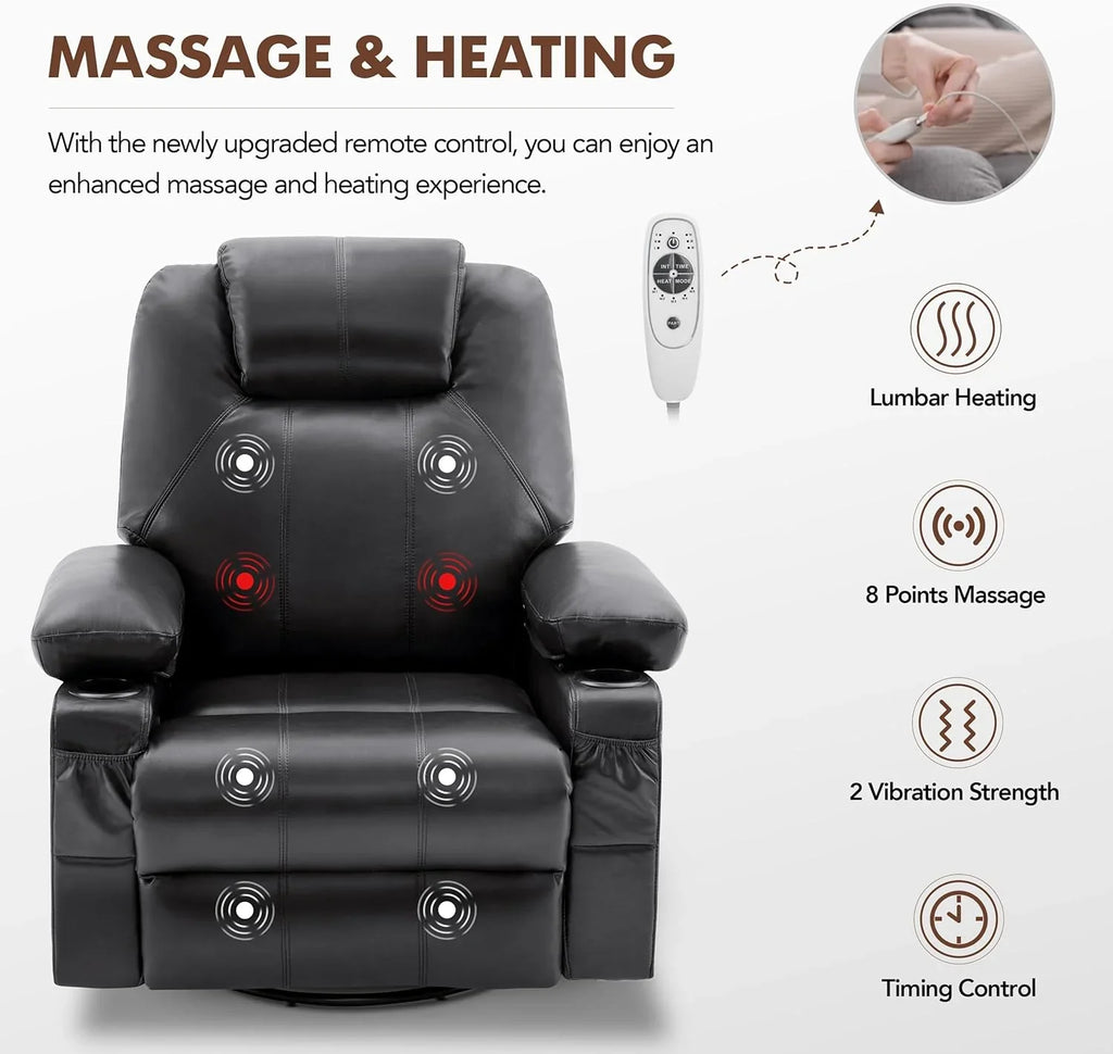 Oversized Swivel Rocker Recliner Chair with Heat and Massage, 360 Degree Swivel Rocking Single Sofa with Cup Holders and USB Port, Large Big Recliner Chair for Living Room (Leather, Brown) - image 27