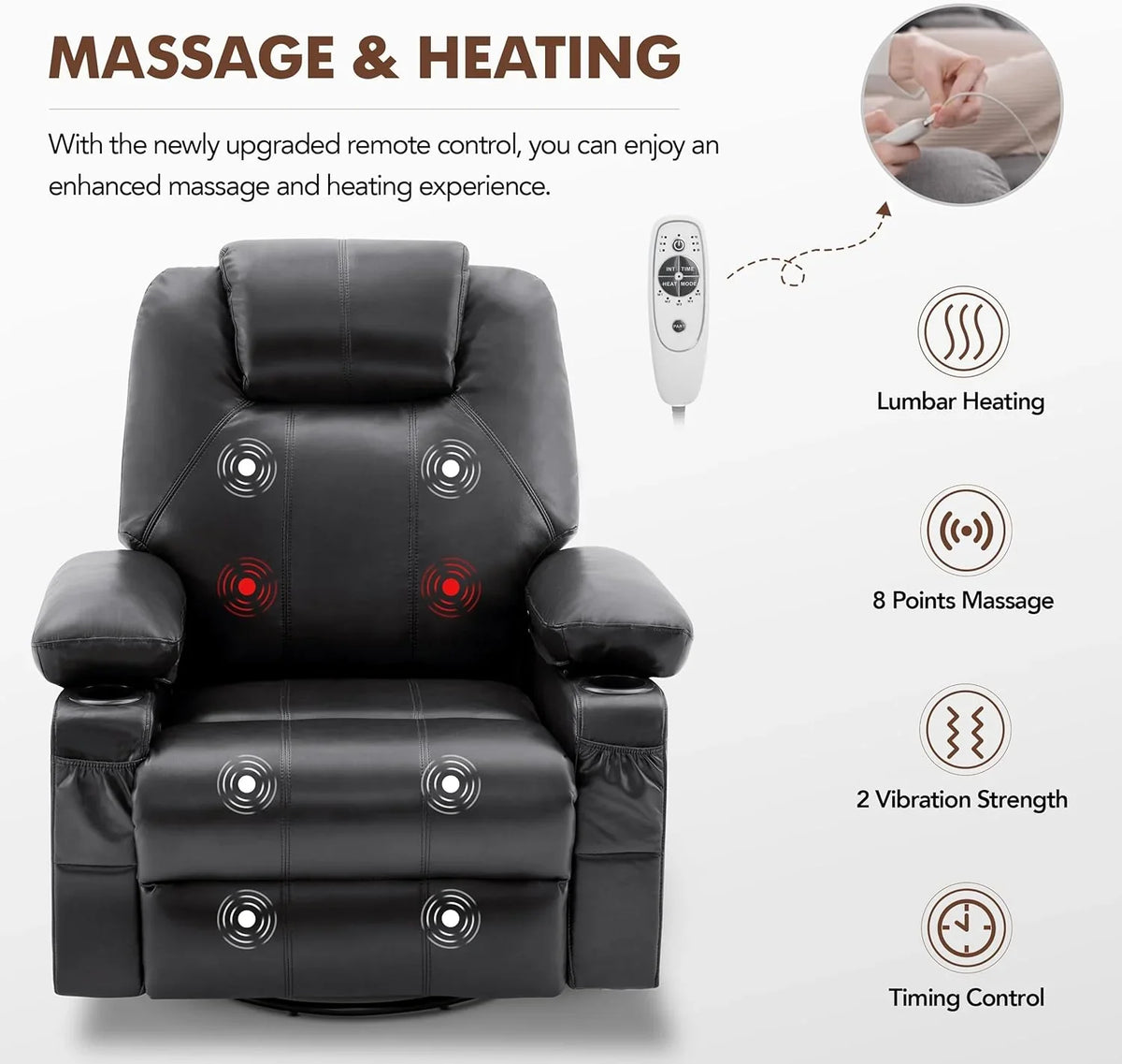 Oversized Swivel Rocker Recliner Chair with Heat and Massage, 360 Degree Swivel Rocking Single Sofa with Cup Holders and USB Port, Large Big Recliner Chair for Living Room (Leather, Brown) - image 27