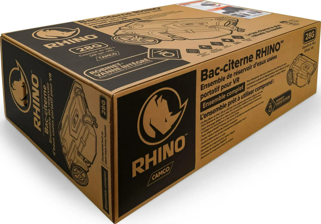 Camco Rhino Heavy Duty 28 Gallon Portable RV Waste Holding Tank with Hose and Accessories Durable Leak Free and Odorless RV T