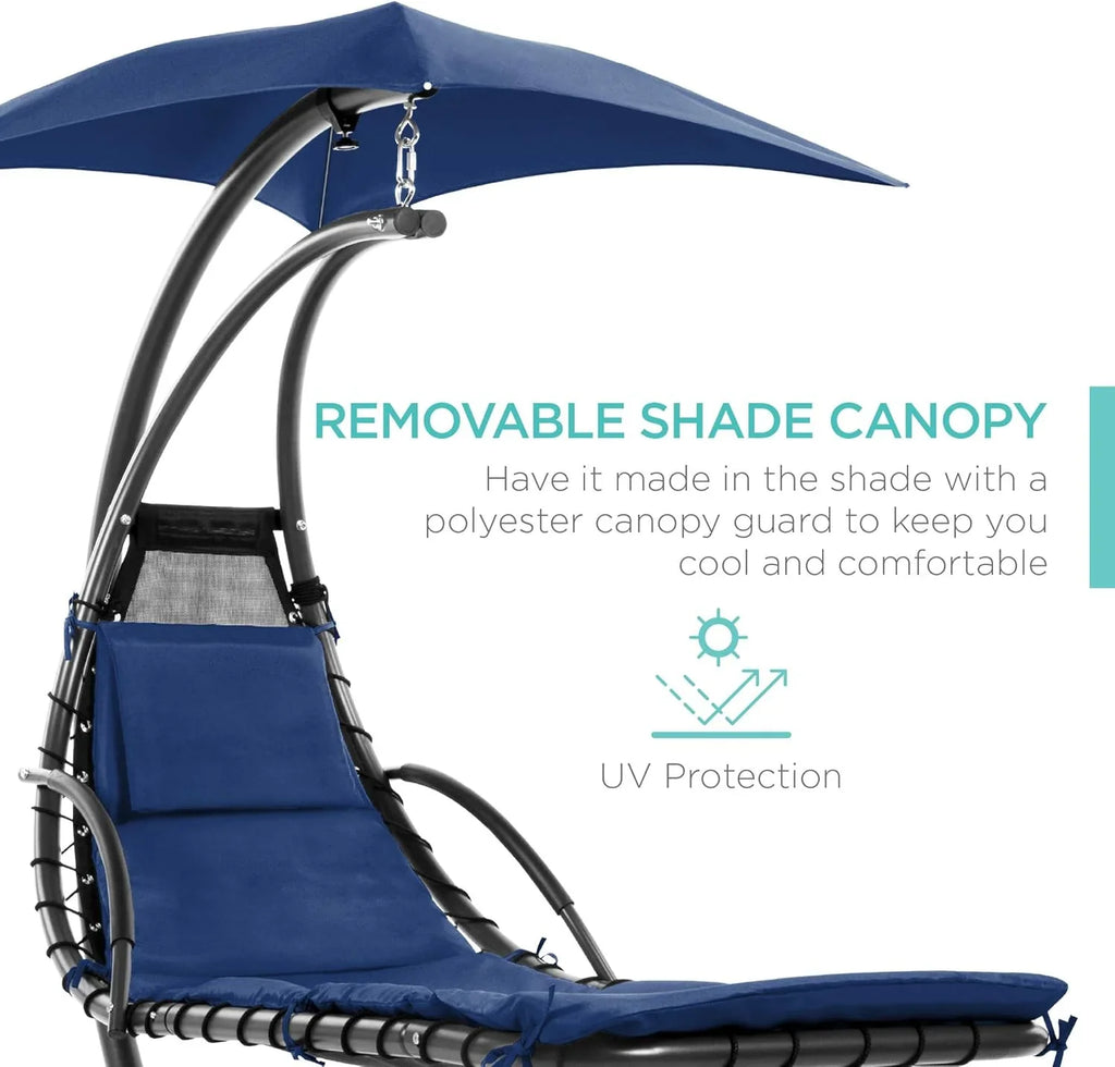 Best Choice Products Outdoor Hanging Curved Steel Chaise Lounge Chair Swing w/Built-in Pillow and Removable Canopy - Charcoal
