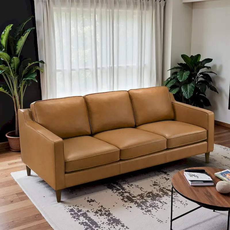 Cognac Tan Genuine Leather Mid-Century Modern Couches by Madeline - image 1