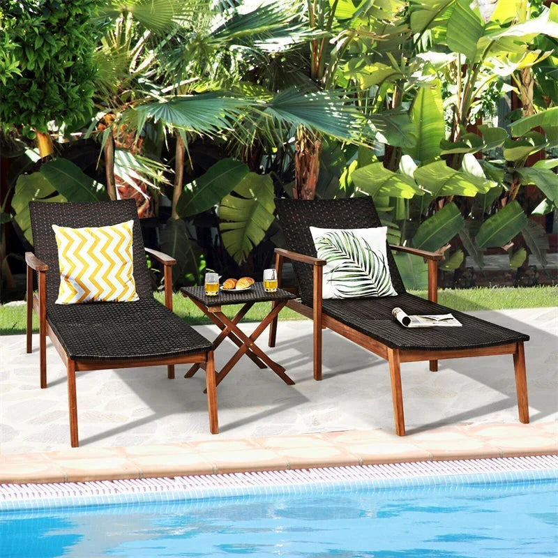 Acacia Wood Amp Rattan Patio Beach Outdoor Chaise Lounge Chairs Pool Sun Lounger Set With Folding Side Table - High Quality S