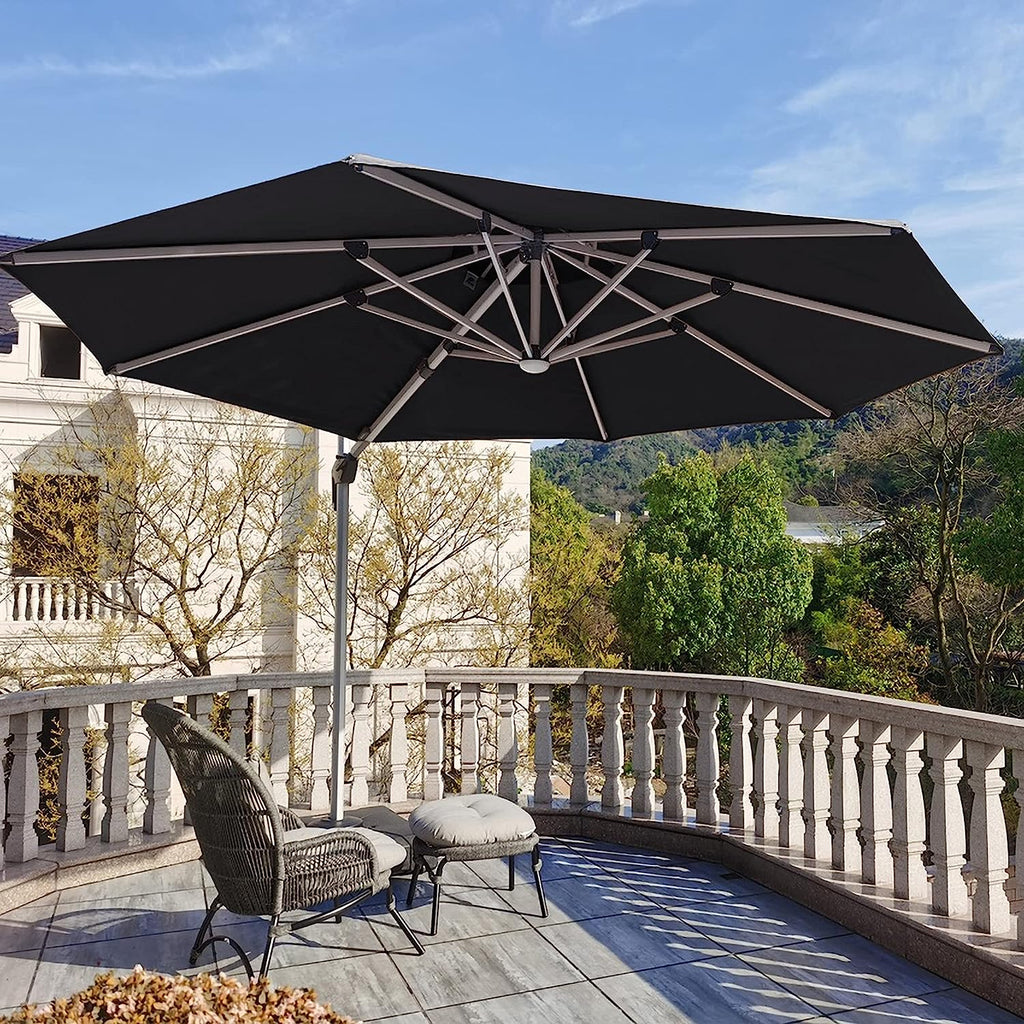12ft Solar LED Patio Umbrella Outdoor Round Umbrella Large Cantilever Umbrella with LED Lights Windproof Bias Umbrella Heavy 