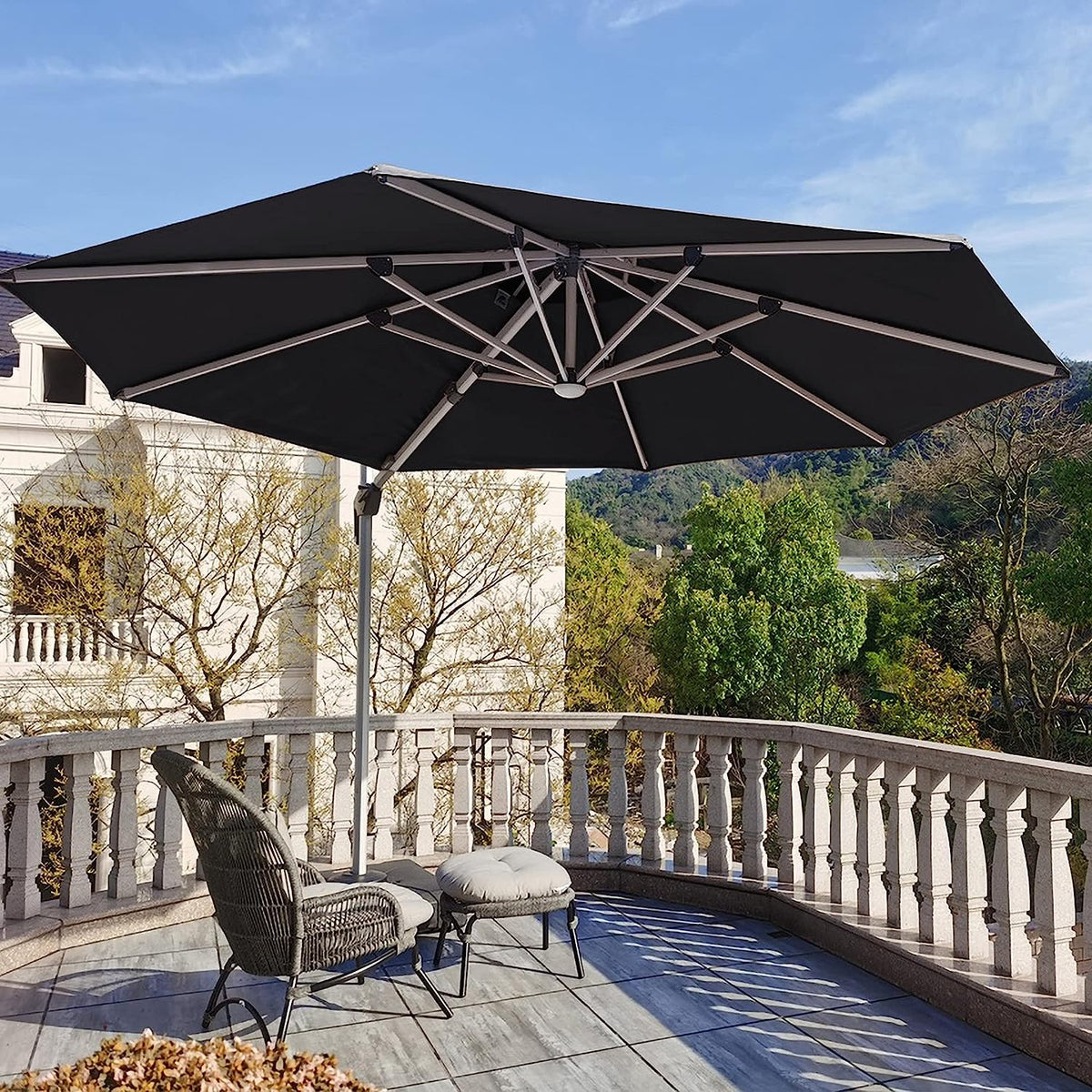 12ft Solar LED Patio Umbrella Outdoor Round Umbrella Large Cantilever Umbrella with LED Lights Windproof Bias Umbrella Heavy 