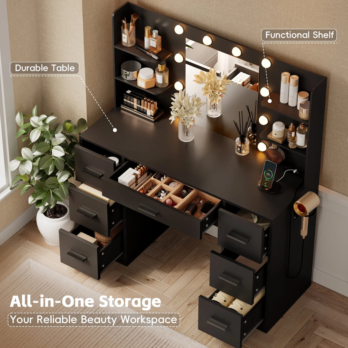 Lacoo Vanity Desk with Mirror and LED Lights, Makeup Vanity with 7 Drawers & 4 Shelves, Vanity Table with Power Outlet for Bedroom Dressing Room, White - image 17