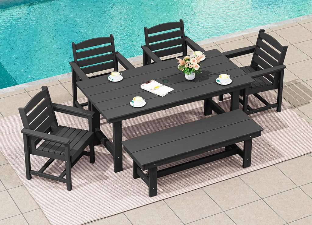 SERWALL 7-Piece Patio Table Set, Outdoor HDPE Dining Furniture with Umbrella Hole, All Weather Table and Chairs for Lawn, Garden, Poolside, Aruba - image 117