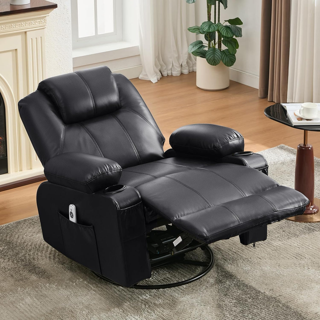 Oversized Swivel Rocker Recliner Chair with Heat and Massage, 360 Degree Swivel Rocking Single Sofa with Cup Holders and USB Port, Large Big Recliner Chair for Living Room (Leather, Brown) - image 29
