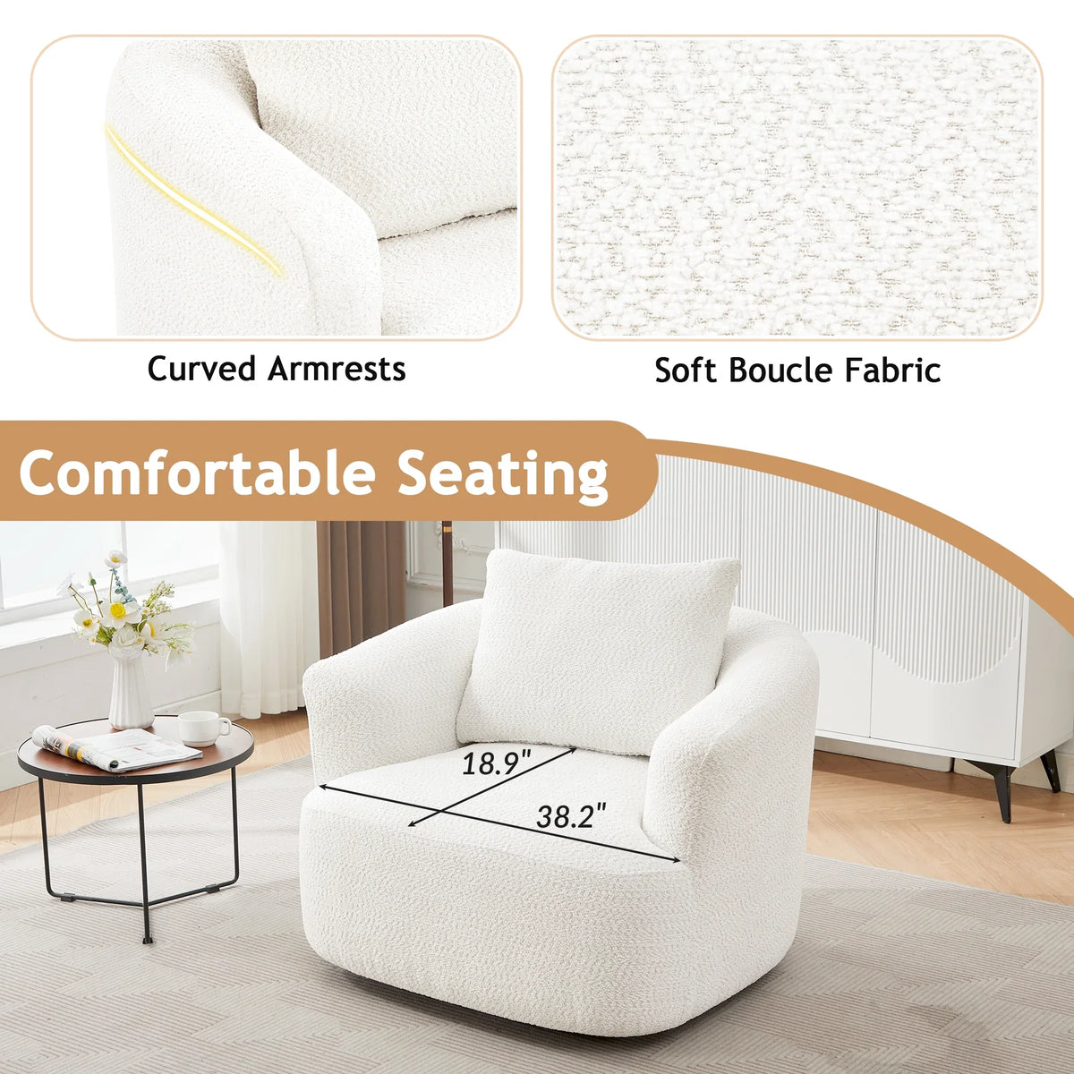 Harper & Bright Designs 360- Swivel Accent Chair, Barrel Chair Swivel Upholstered Sofa Chair with Cushion for Living Room Office, Beige - image 7