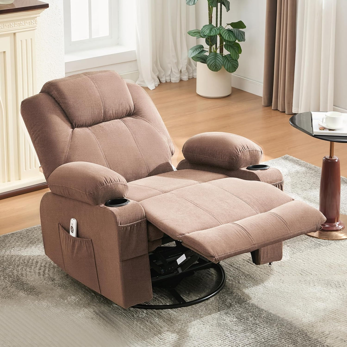 Oversized Swivel Rocker Recliner Chair with Heat and Massage, 360 Degree Swivel Rocking Single Sofa with Cup Holders and USB Port, Large Big Recliner Chair for Living Room (Leather, Brown) - image 13