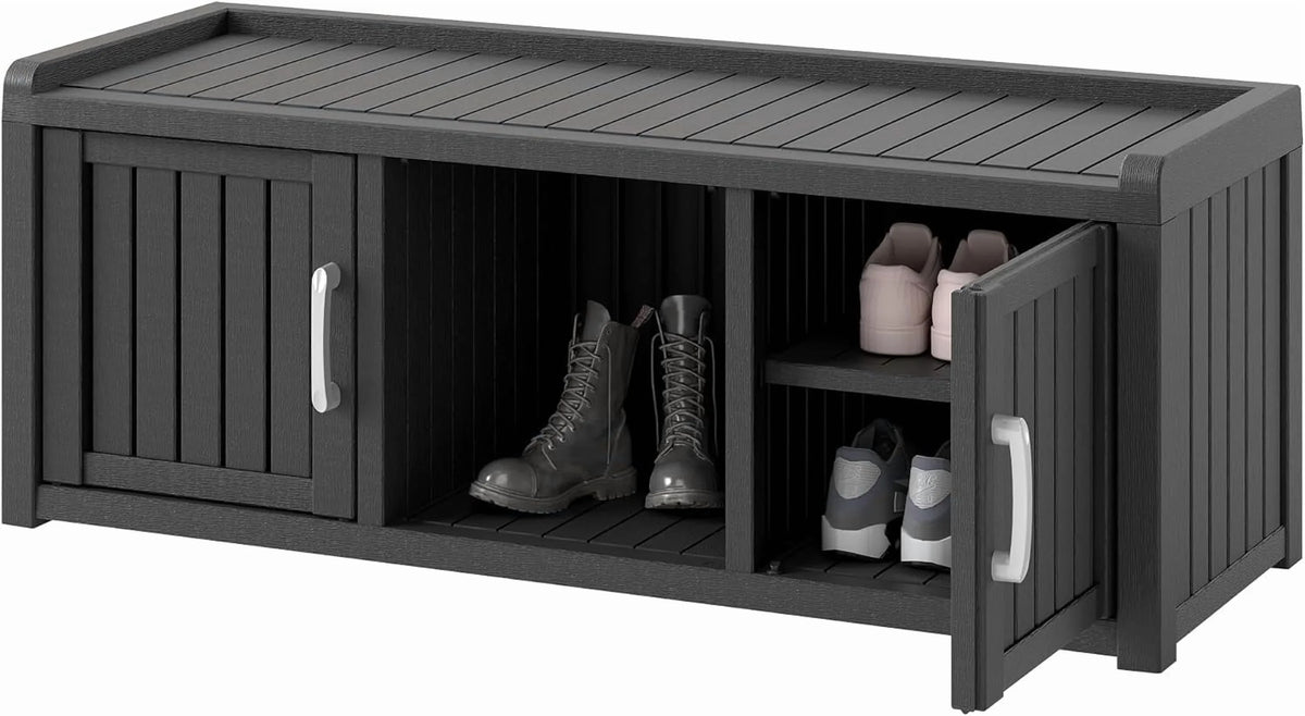 KAMABOKO Outdoor Shoe Storage Cabinet, Waterproof UV-Resistant Entryway Storage Bench Indoor Outdoor with 2 Barn Doors, Adjus