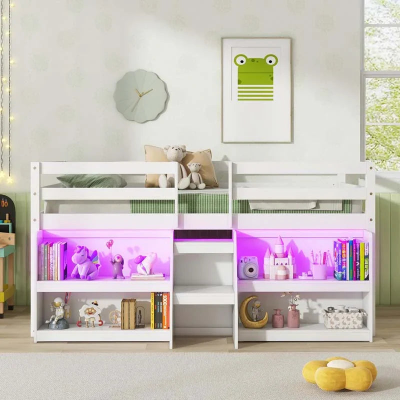 Kids Twin Size Loft Bed with LED Lights, Stairs & Safety Guardrail, Storage Bookcase and Under-bed Play Space - image 13