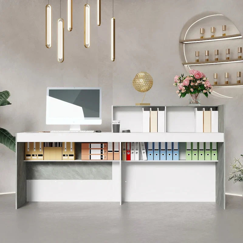 White Reception Desk with Computer Surface and Four Shelves - image 2