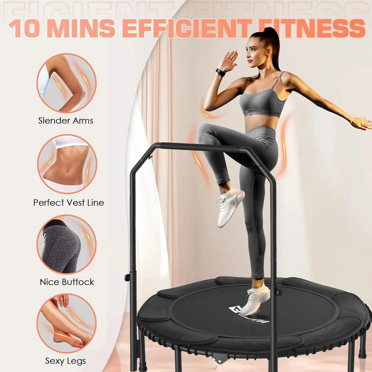 BCAN 450/550 LBS Foldable Mini Trampoline, 40"/48" Fitness Trampoline with Bungees, U Shape Adjustable Foam Handle, Stable & Quiet Exercise Rebounder for Adults Indoor/Outdoor Workout - image 44