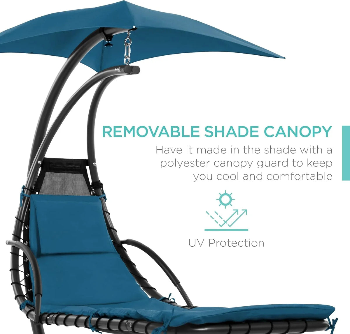 Best Choice Products Outdoor Hanging Curved Steel Chaise Lounge Chair Swing w/Built-in Pillow and Removable Canopy - Charcoal