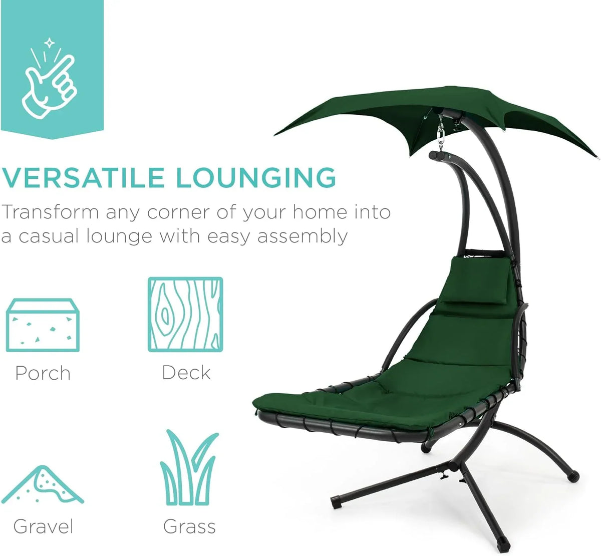 Best Choice Products Outdoor Hanging Curved Steel Chaise Lounge Chair Swing w/Built-in Pillow and Removable Canopy - Charcoal