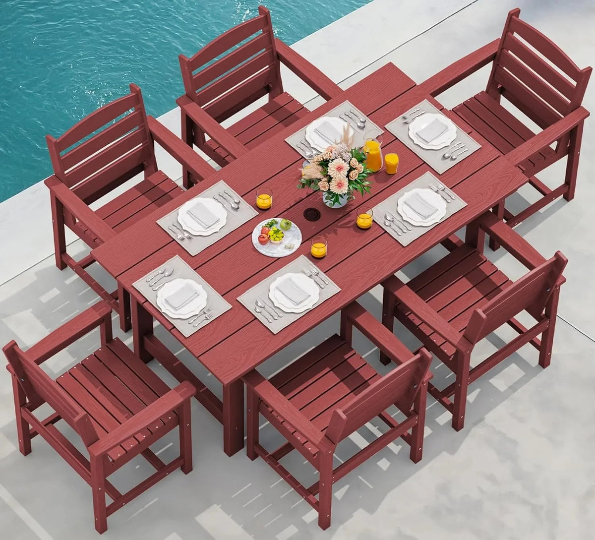 SERWALL 7-Piece Patio Table Set, Outdoor HDPE Dining Furniture with Umbrella Hole, All Weather Table and Chairs for Lawn, Garden, Poolside, Aruba - image 25