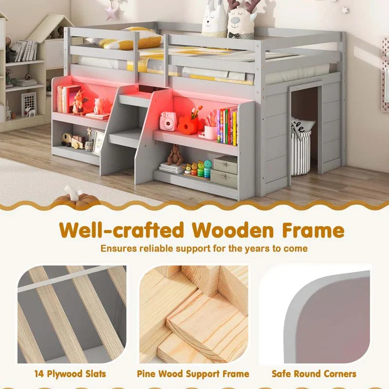 Kids Twin Size Loft Bed with LED Lights, Stairs & Safety Guardrail, Storage Bookcase and Under-bed Play Space - image 9