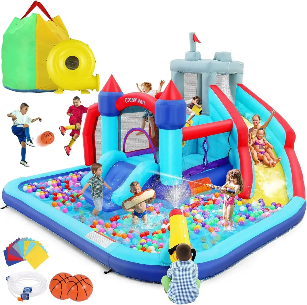 Inflatable Water Slides for Kids 8-in-1 Bounce House Water Park with 450W Blower Climbing Wall, Splash Pool, 2 Water Cannons,