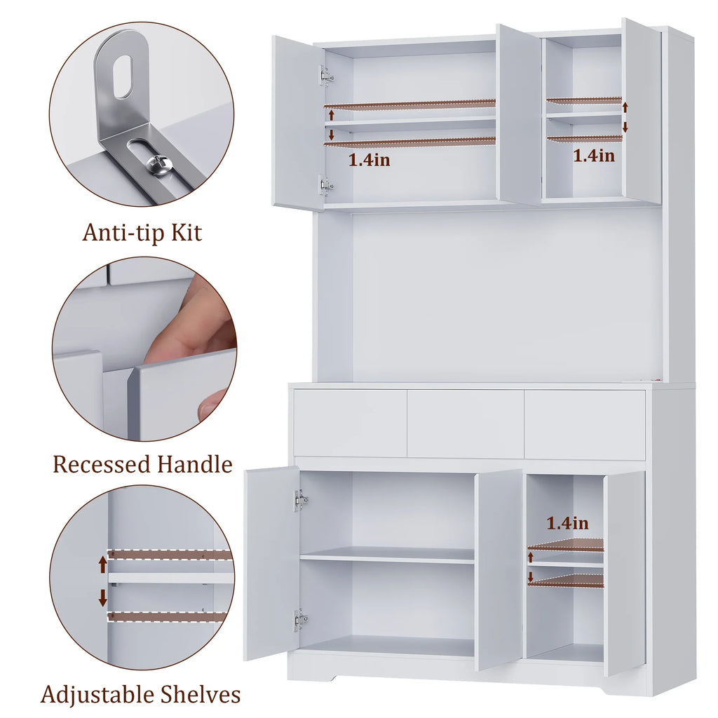 Homfa 70.9'' Tall Kitchen Pantry Cabinet with Charge Station & Led Light, 3 Drawer Storage Cabinet with Adjustable Shelves, White - image 20