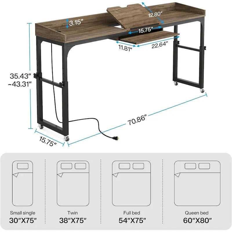 Mobile Height Adjustable Overbed Table with Wheels, Featuring Outlets and USB Ports for Laptops - image 9