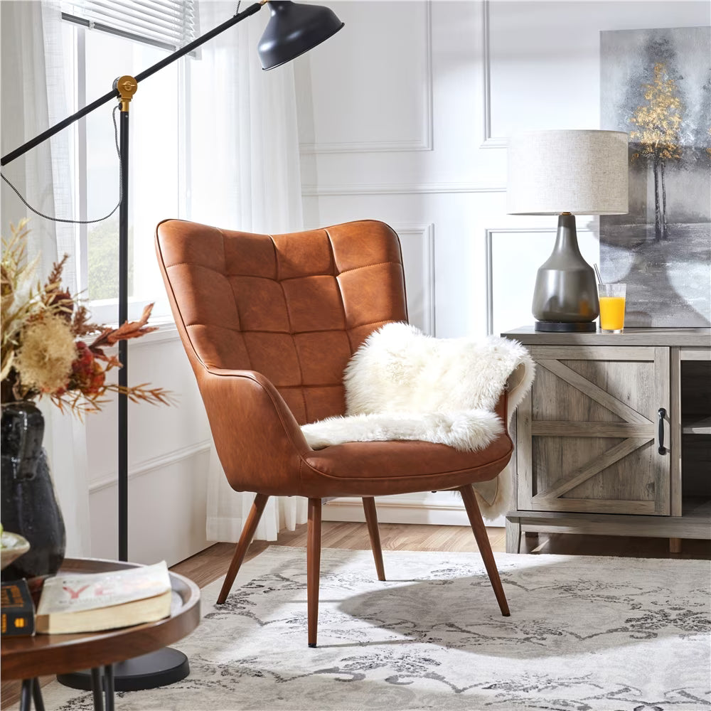 Alden Design Mid-Century Modern Faux Leather Wingback Accent Chair, Brown - image 1