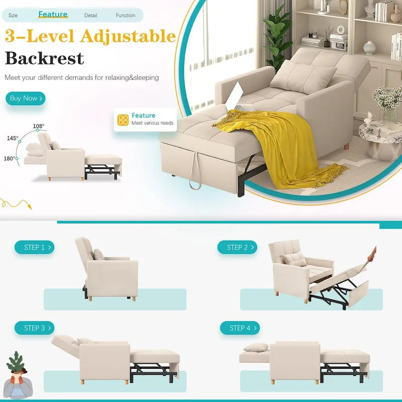 AECOJOY 3-in-1 Convertible Sleeper Sofa Chair with Pillow and Adjustable Backrest - image 11
