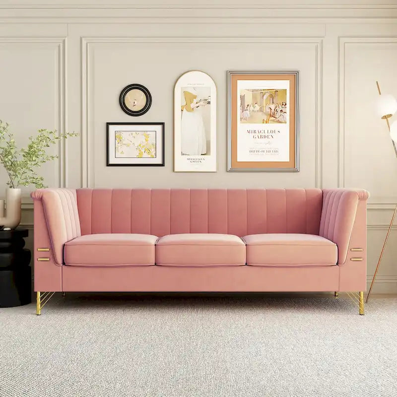 Contemporary Velvet Upholstered 3-Seat Sofa with Golden Metal Legs - Pink Living Room Couch (83.46" x 30.51" x 31.9") - image 2