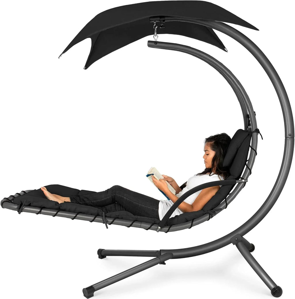 Best Choice Products Outdoor Hanging Curved Steel Chaise Lounge Chair Swing w/Built-in Pillow and Removable Canopy - Charcoal