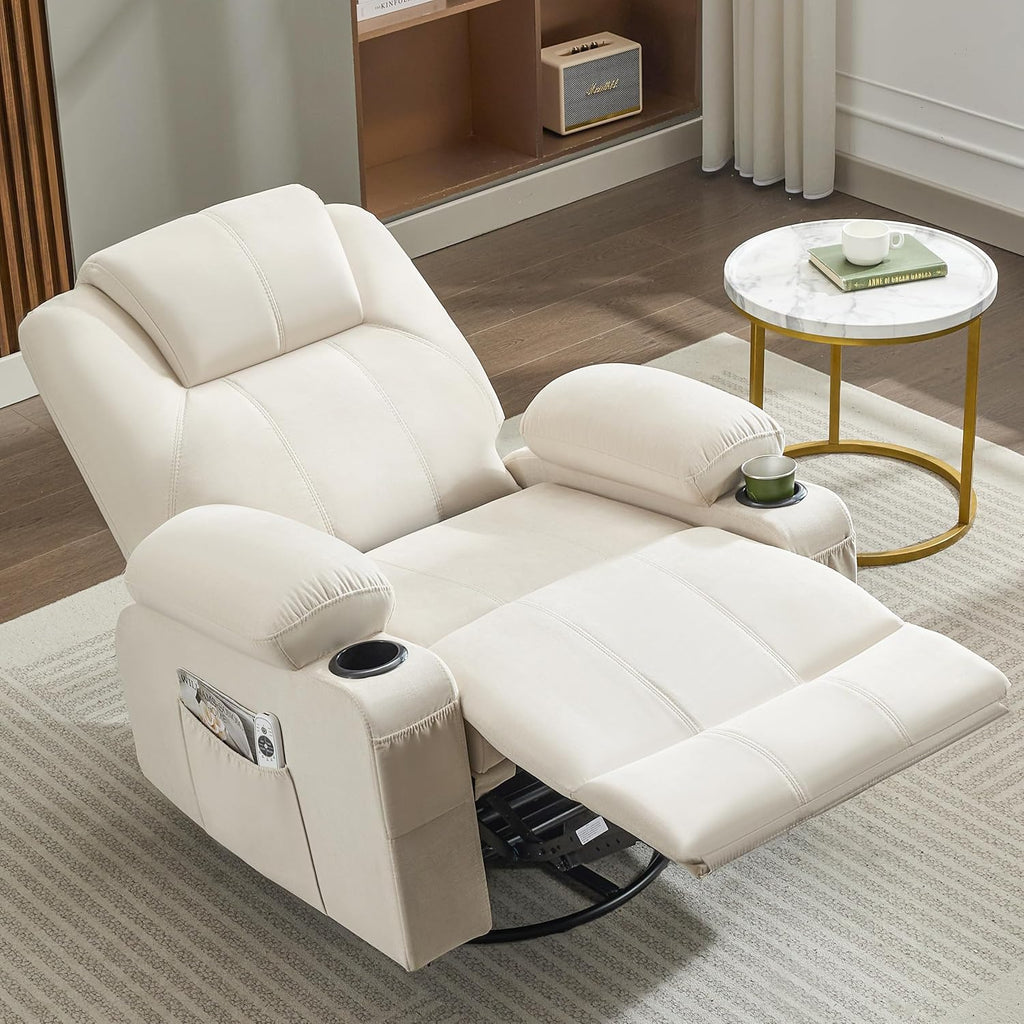 Oversized Swivel Rocker Recliner Chair with Heat and Massage, 360 Degree Swivel Rocking Single Sofa with Cup Holders and USB Port, Large Big Recliner Chair for Living Room (Leather, Brown) - image 22
