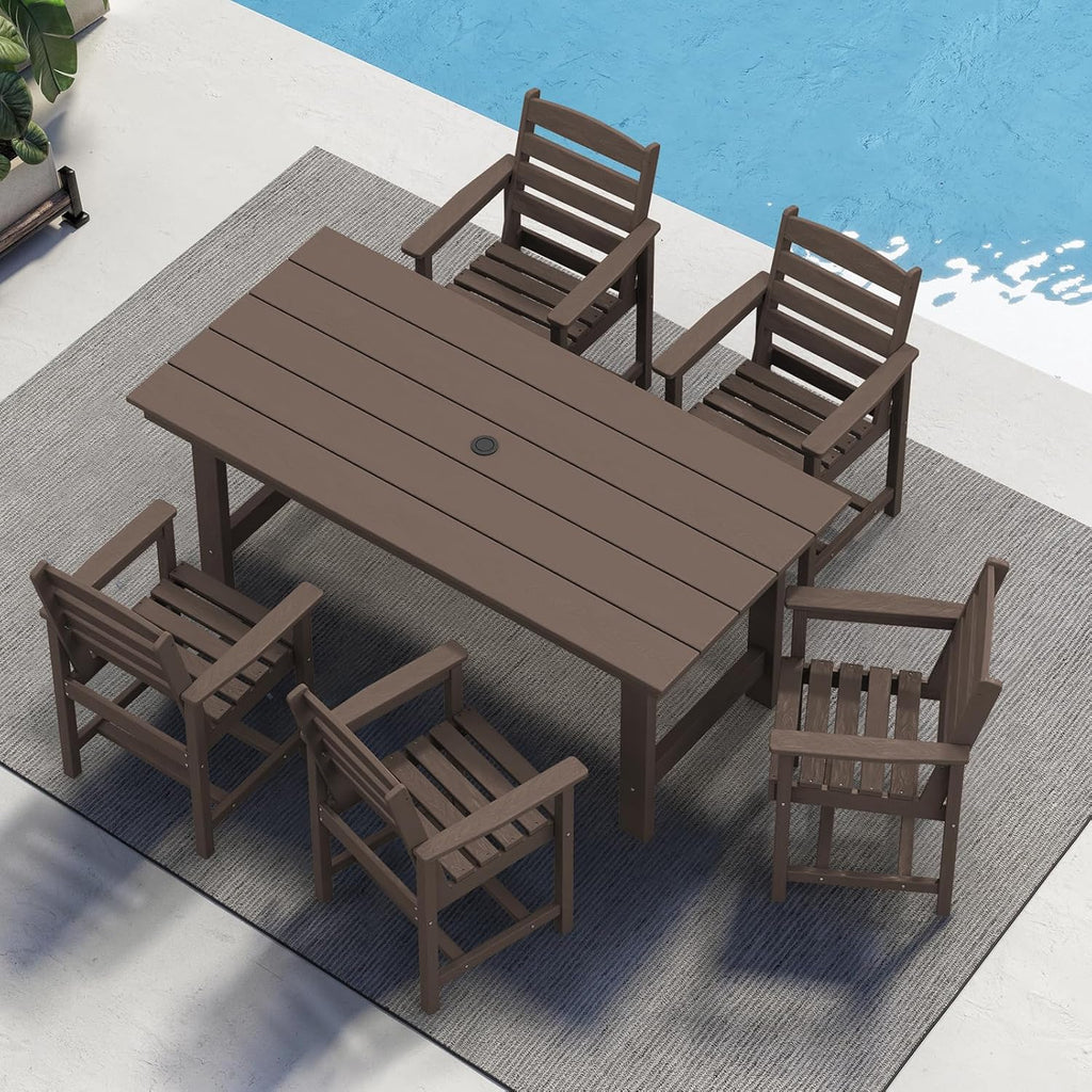 SERWALL 7-Piece Patio Table Set, Outdoor HDPE Dining Furniture with Umbrella Hole, All Weather Table and Chairs for Lawn, Garden, Poolside, Aruba - image 140