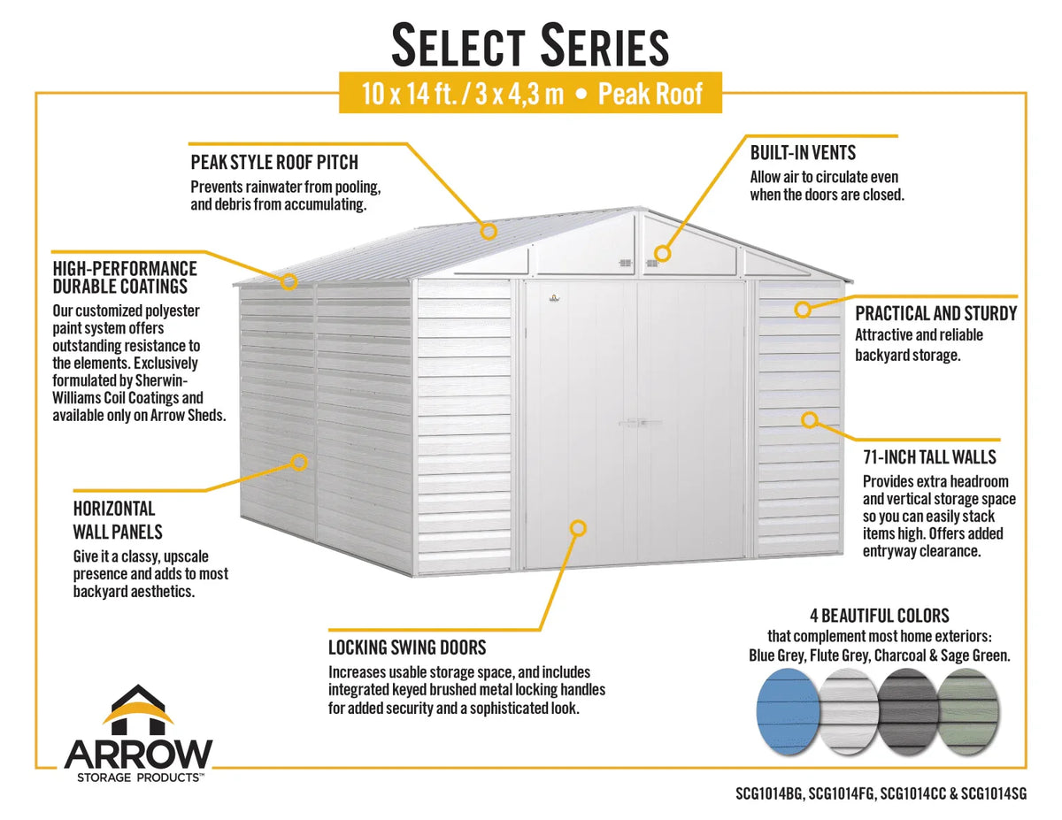 Arrow Select Steel Storage Shed, 10x14, Blue Grey