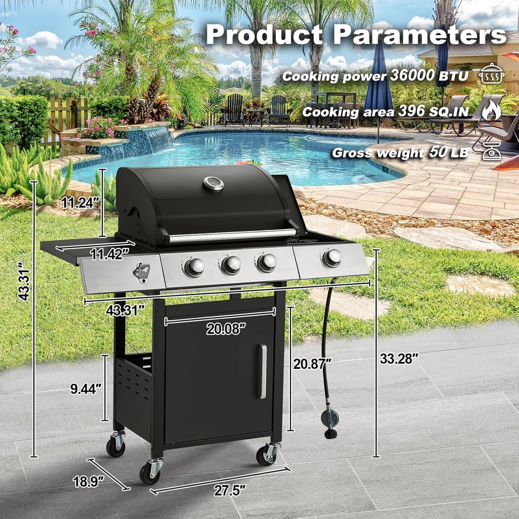 Upgraded 4 Burner BBQ Propane Gas Grill with Cast Iron Grates & Side Stove, 44,000 BTU Stainless Steel Burner Barbecue Grill 