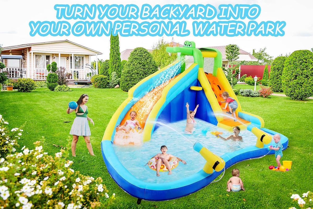 Inflatable Water Slides for Kids 8-in-1 Bounce House Water Park with 450W Blower Climbing Wall, Splash Pool, 2 Water Cannons,