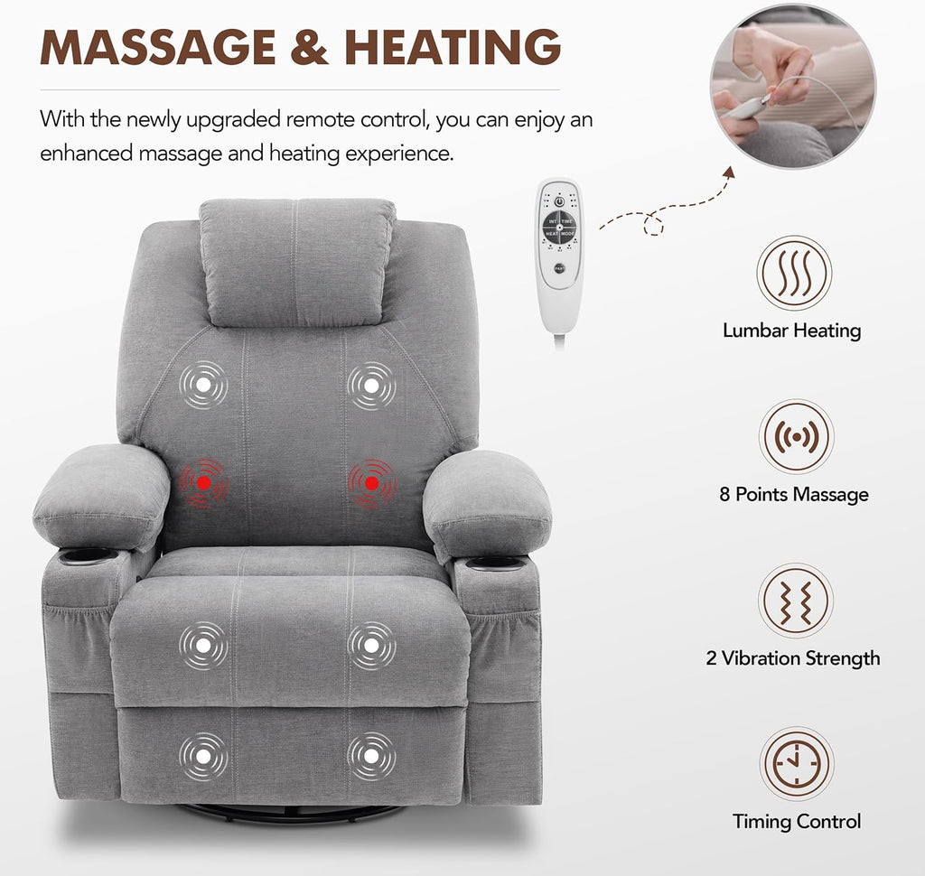 Oversized Swivel Rocker Recliner Chair with Heat and Massage, 360 Degree Swivel Rocking Single Sofa with Cup Holders and USB Port, Large Big Recliner Chair for Living Room (Leather, Brown) - image 34
