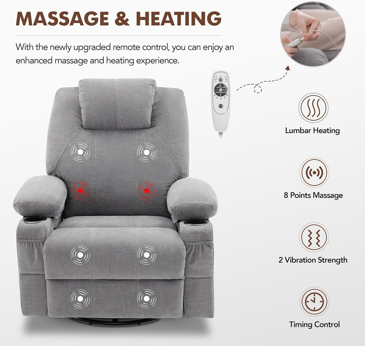 Oversized Swivel Rocker Recliner Chair with Heat and Massage, 360 Degree Swivel Rocking Single Sofa with Cup Holders and USB Port, Large Big Recliner Chair for Living Room (Leather, Brown) - image 34